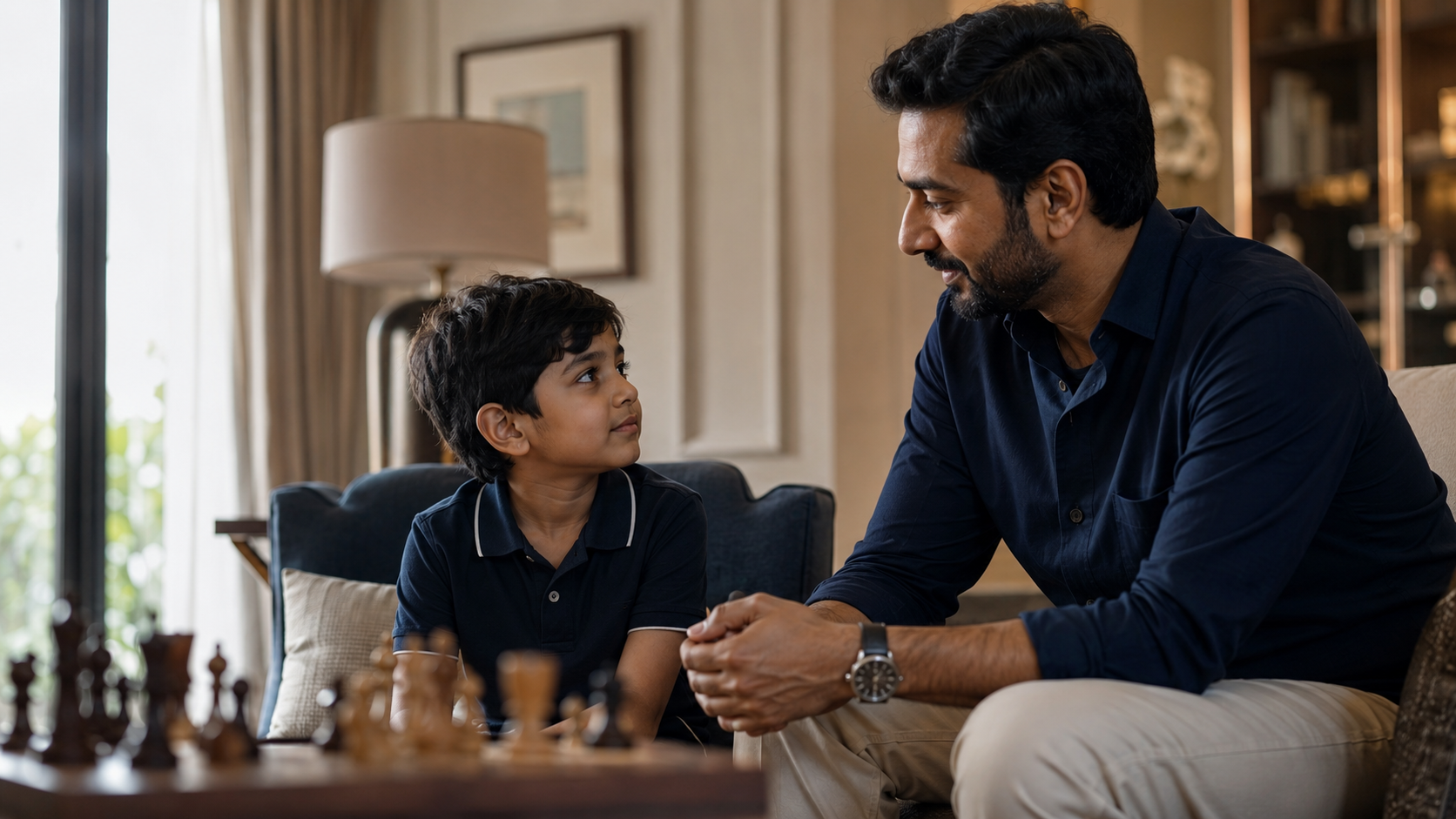 Indian parent and child discussing chess readiness in a calm home learning environment