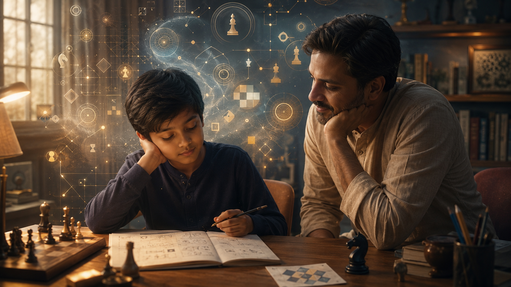 Symbolic calm chess learning scene for an autistic child with structured visual guidance