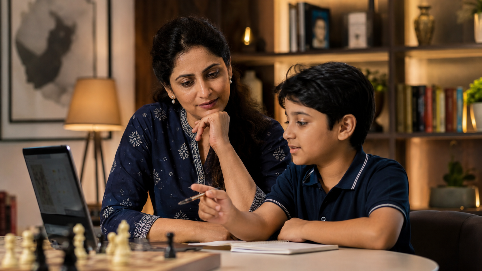 Child reflecting on chess progress with structured learning guidance