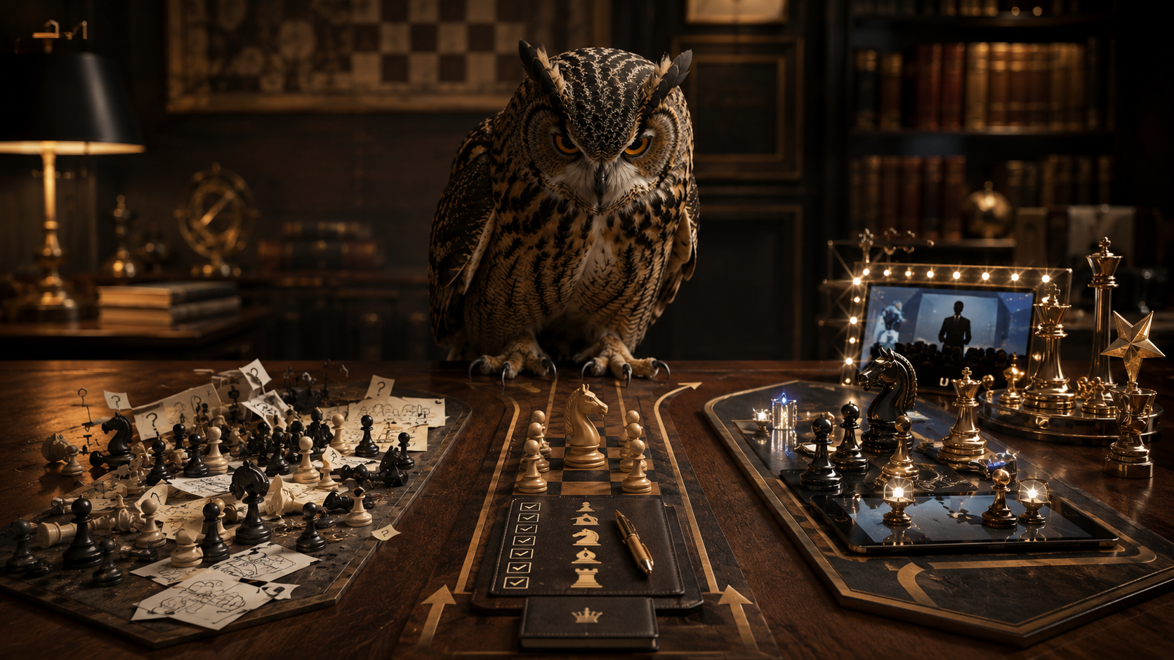 Symbolic guide helping a parent choose the right online chess coach for a child