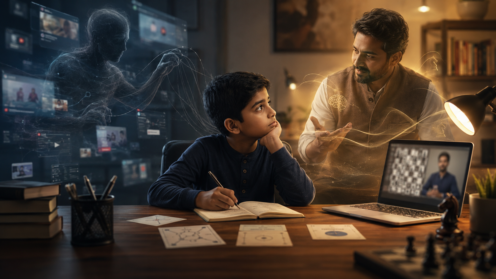 Child actively engaged during a structured online chess lesson designed to reduce screen fatigue