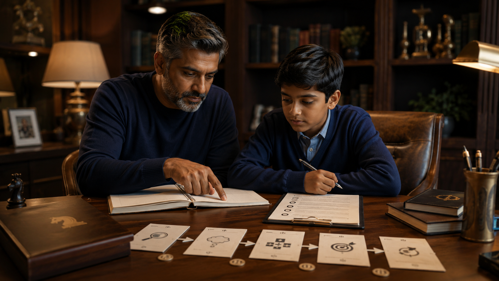 Structured online chess coaching scene with learning cards and guided thinking